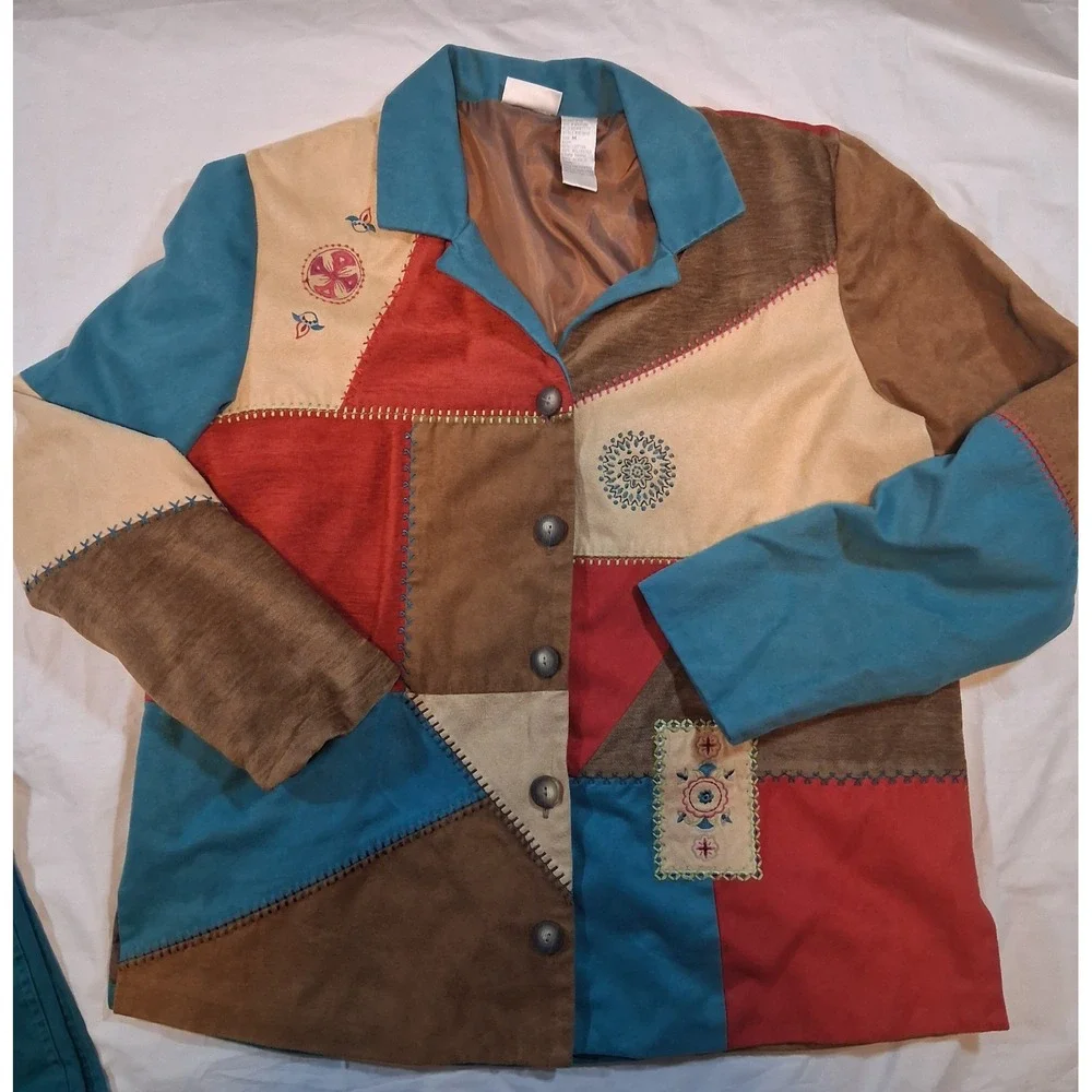 Vintage Koret Patchwork Jacket and Pants Set Womens Medium Teal Multi Embroidery
